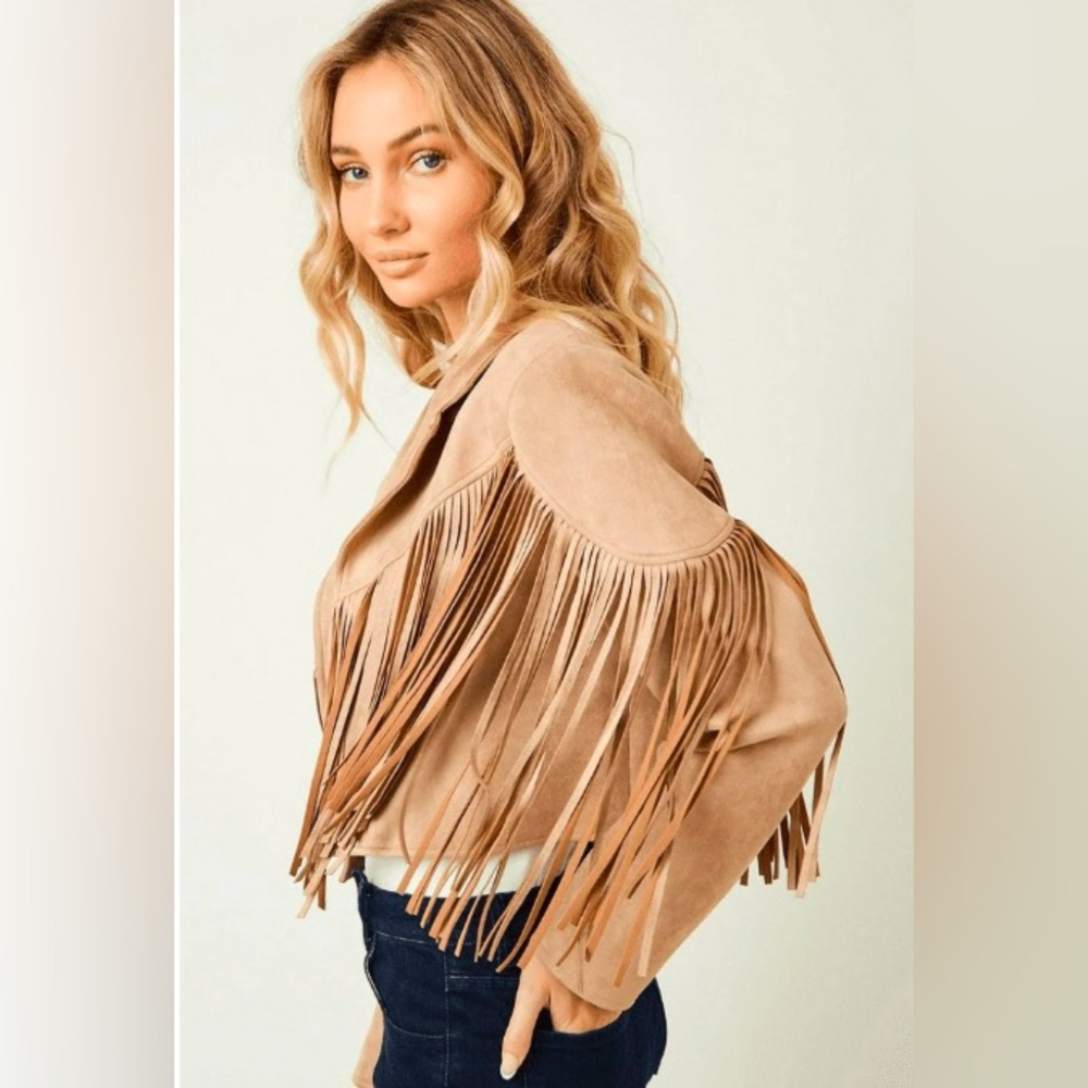 Fringed Suede Cropped Jacket in Tan - Picture 2 of 11